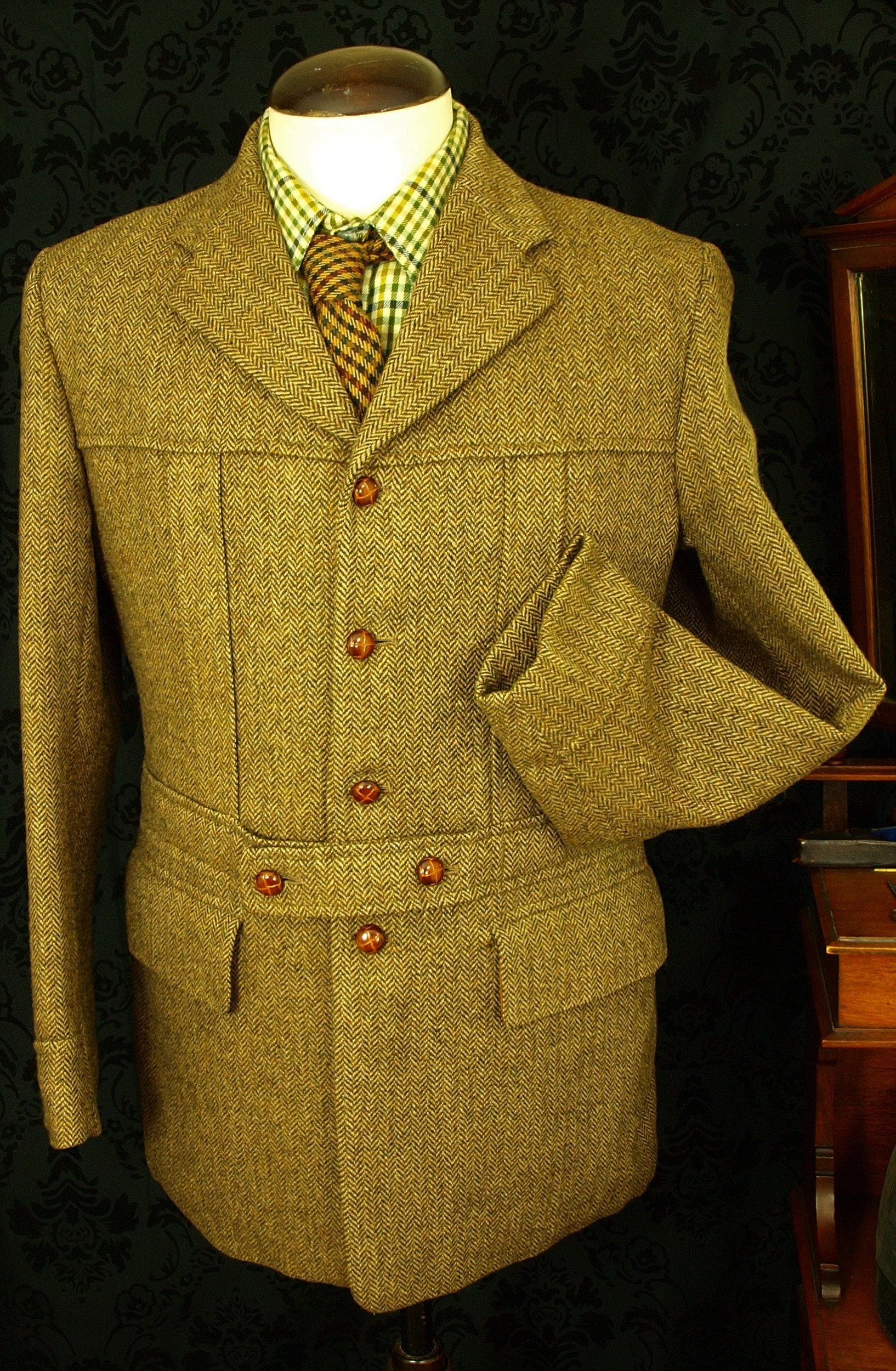 Superb Vintage Mens Tweed Norfolk Shooting jacket Blazer 38 Small Slim