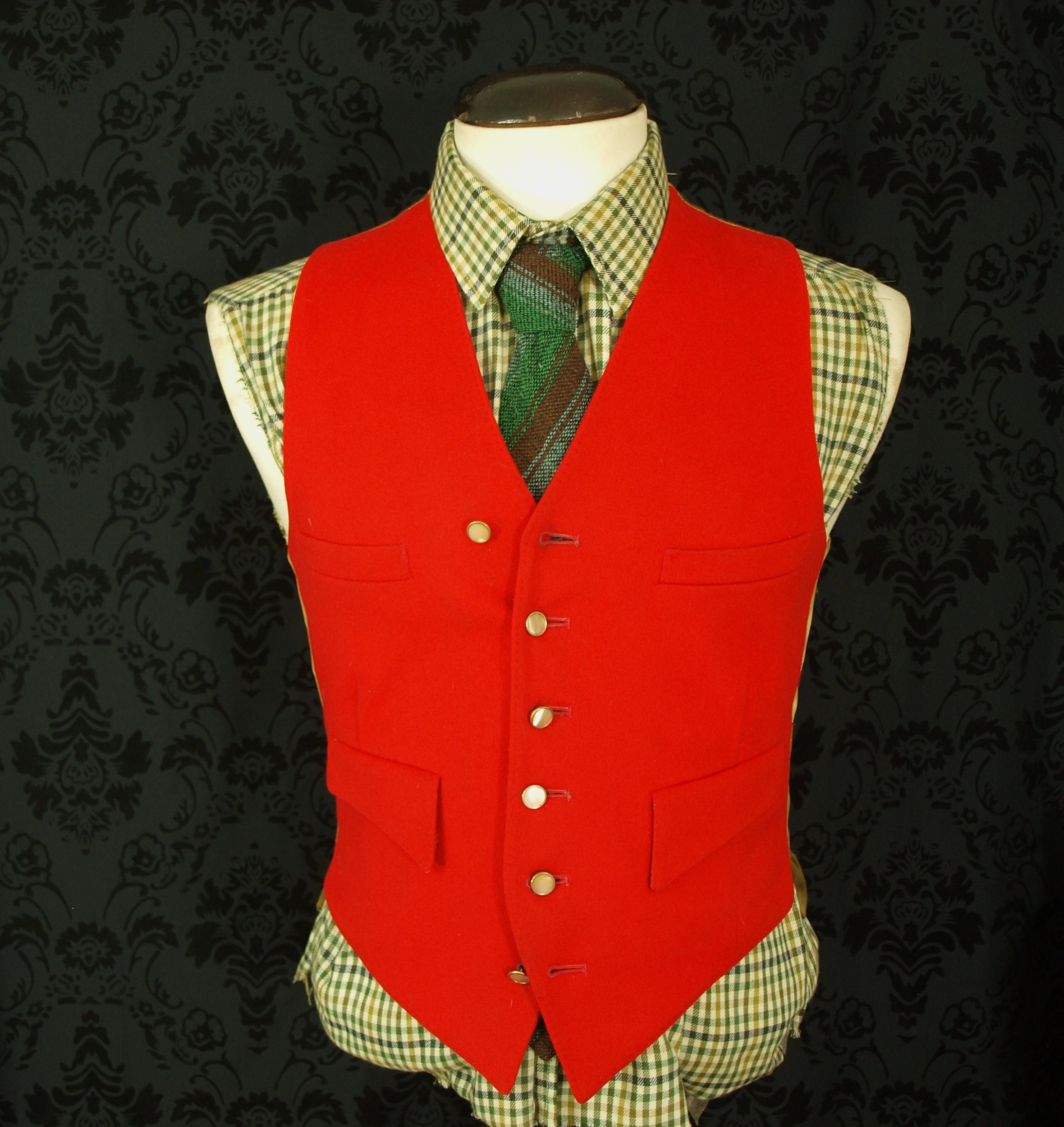 Mens Vintage Saxon Hawk Red Moleskin Hunt Waistcoat Brass Pearl Buttons