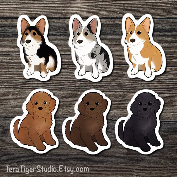Cockapoo And Corgi Sticker Pack Corgi Sticker Cockapoo Sticker Gift For Dog Lover Black Brown Rust Tan Grey Gray Dog Art Hand Drawn - 