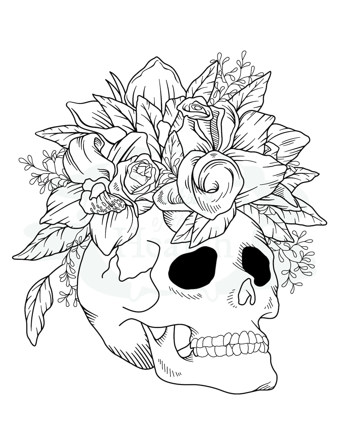 Skull With Flowers Printable Coloring Page - Etsy