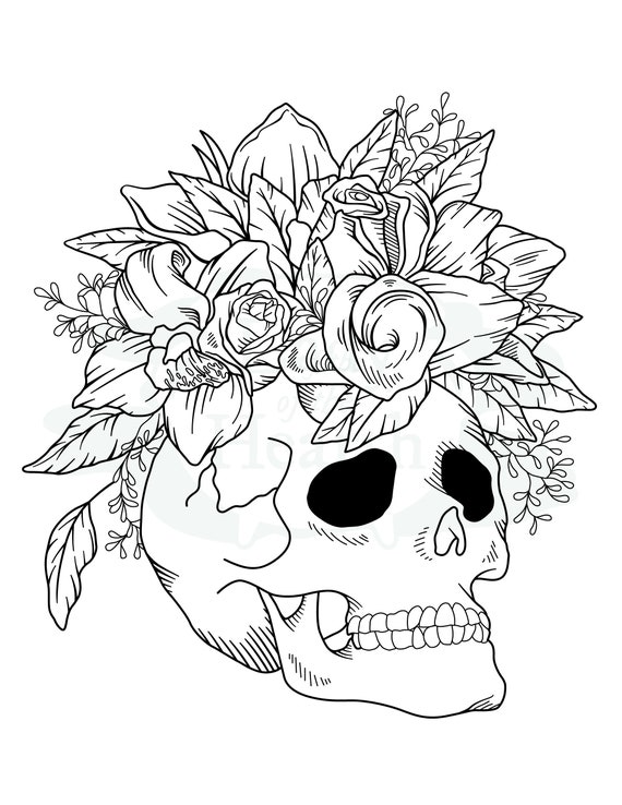 Skull With Flowers Printable Coloring Page | Etsy Canada