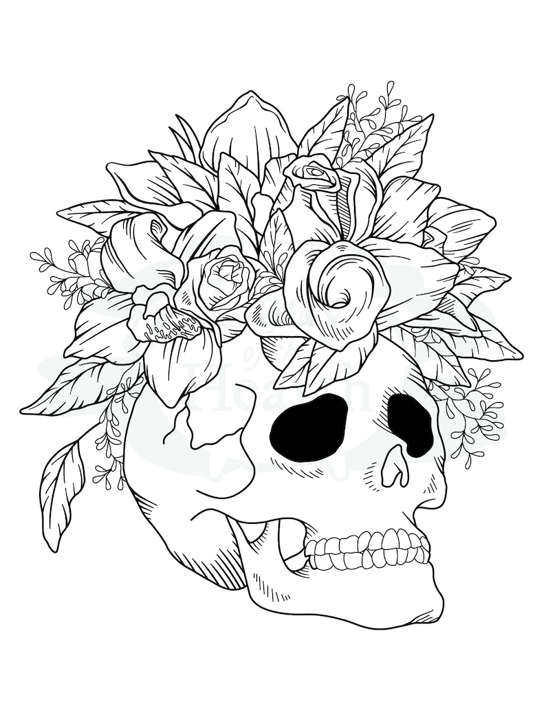 Skull With Flowers - Printable Coloring Page - Etsy