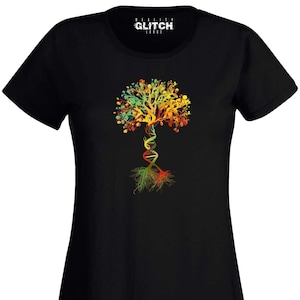 May include: Black t-shirt with a vibrant tree graphic incorporating DNA strands and roots. The tree's foliage displays shades of yellow, orange, red, and green. The word "GLITCH" is printed on the neckline. A distinctive graphic tee.