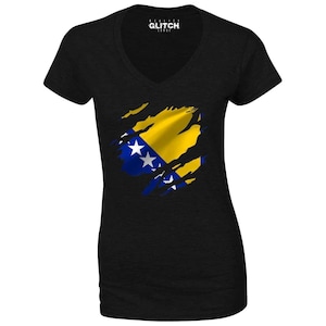 Reality Glitch Torn Bosnia Flag Womens T-Shirt - V-Neck