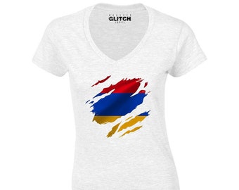 Reality Glitch Torn Armenia Flag Womens T-shirt V-neck UK