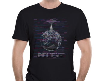 Mens Believe Digital Upload UFO Abduction T-Shirt Aliens UAP Simulation Theory