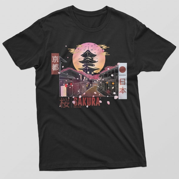 Mens Kyoto Inspired Japanese T-Shirt Tokyo Japan Temple Art