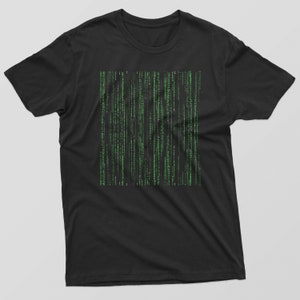 May include: Black t-shirt featuring a green matrix code design.