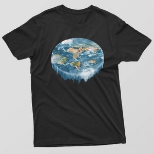May include: A black t-shirt featuring a graphic of the Earth melting. The Earth is shown as a globe with continents and oceans, with a white border and blue dripping ice.