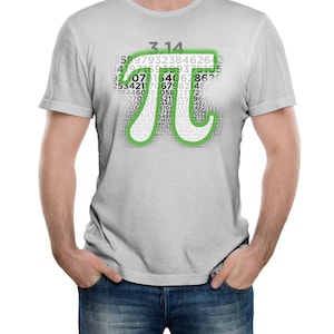 May include: A grey t-shirt featuring a green and white graphic of the mathematical symbol pi, surrounded by the digits of pi. The text "3.14" is above the symbol.