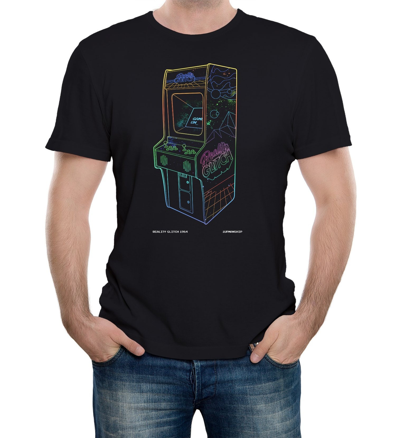 メンズ 1 UP ネオン レトロ アーケード マシン Tシャツ クラシック