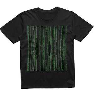 May include: Black t-shirt with a green matrix code design.