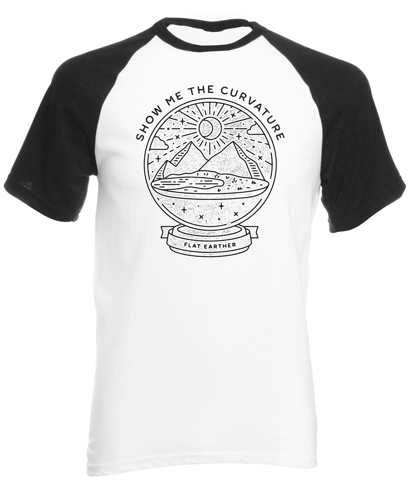 Image of Flat Earth Snow Globe - Show Me The Curvature Mens Baseball Shirt Conspiracy