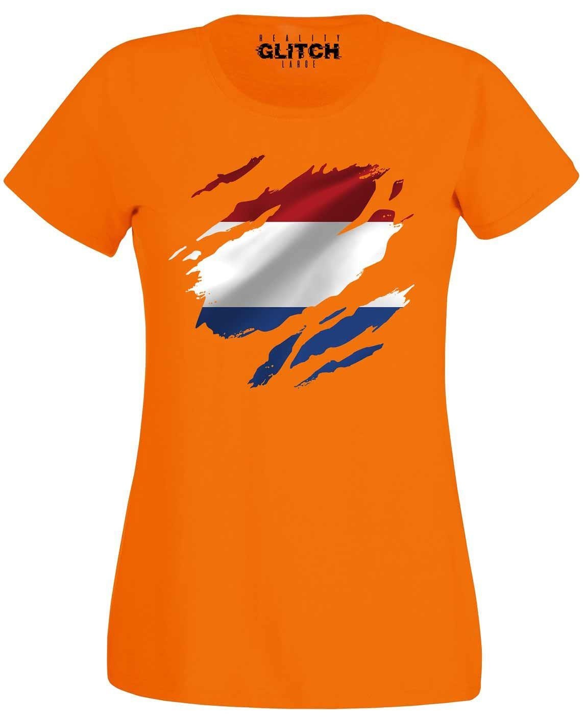 Reality Glitch Torn Netherlands Flag Men's T-Shirt - 100% Pre-Shrunk Cotton, Graphic Tee For Men