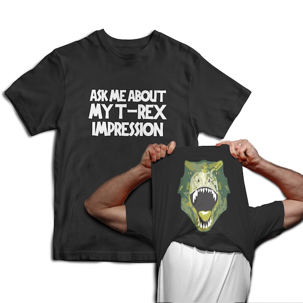 Pregúntame acerca de mi T-Rex Impression Dinosaur Flip camiseta para hombre Jurassic Fancy Dress