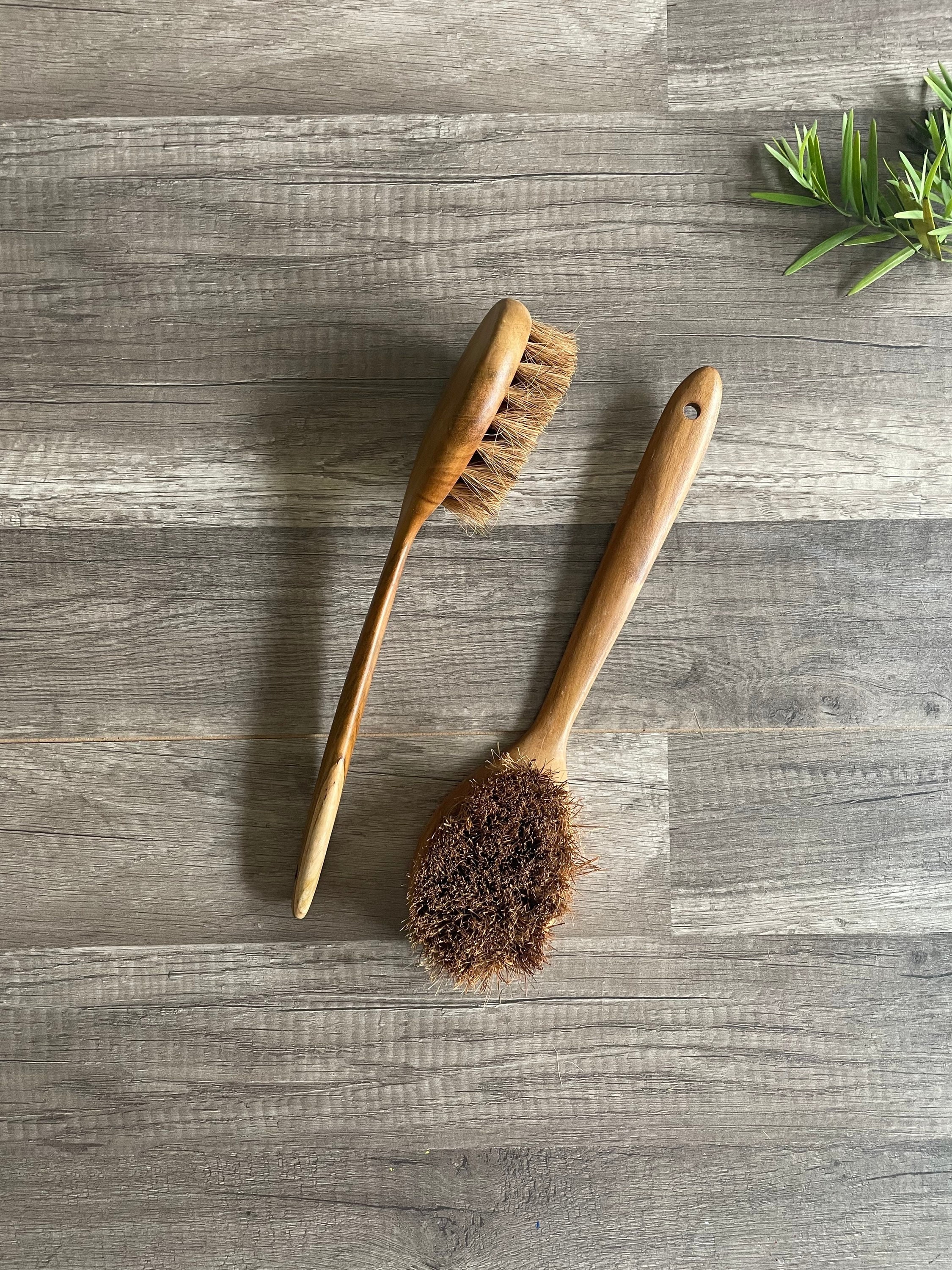 Teak Wood Body Brush Long Curved Handle, Vegan Exfoliating Brush