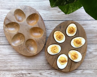 Wooden Egg Holder for Deviled Eggs | Reversible Wooden Egg Tray | Eco Friendly Gifts | Charcuterie Board | Teakwood Wooden Cutting Board