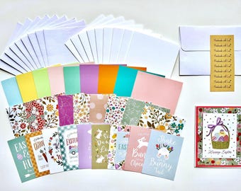 May include: A set of Easter-themed card making supplies, including blank cards, envelopes, patterned paper, and cardstock. The set also includes a finished card with a bunny holding a basket of eggs.
