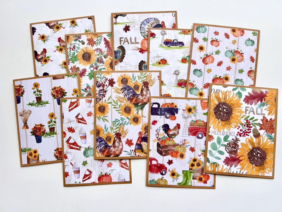 Set of 10 Fall Note Cards, Handmade Thanksgiving Cards, Blank Greeting ...