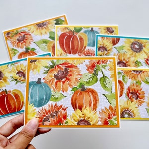 Cartes de voeux d'automne, cartes de correspondance vierges avec citrouilles et tournesols, lot de 6 cartes
