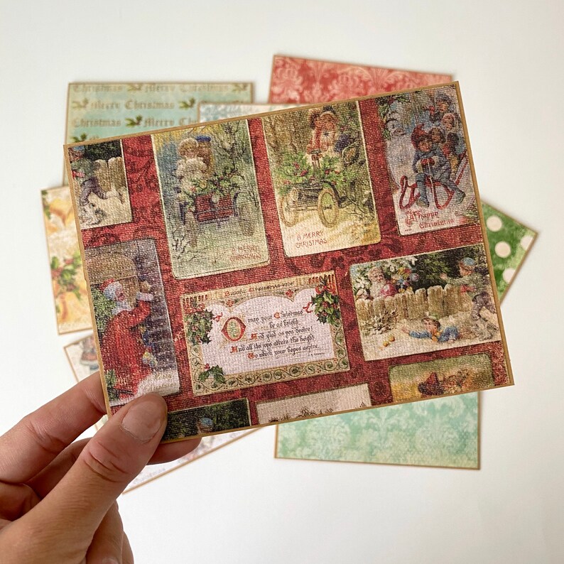 May include: A vintage Christmas card with a red background and a collage of images featuring children, a sleigh, and a Christmas tree. The card has a festive, vintage feel and includes the text "A Merry Christmas".