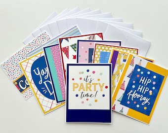 Birthday Cards in Bright Colors, Handmade Greeting Card Set of 10, Assorted Designs