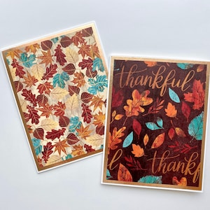 Jeu de 4 cartes de vœux faites main pour Thanksgiving, automne avec des touches d'or rose