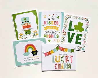 Happy St. Patrick’s Day Greeting Cards, Handmade Holiday Card Set with Leprechaun, Shamrock and Rainbow
