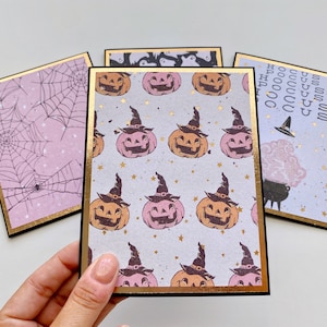 Cartes d'Halloween roses, jolies cartes d'Halloween, lot de cartes de voeux faites main avec des accents de feuille d'or rose