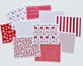 May include: A collection of red and white patterned paper with a Christmas theme. The patterns include snowflakes, candy canes, holly, reindeer, and trees. There is also a piece of paper with a red and white striped pattern. The paper is perfect for crafting and scrapbooking.