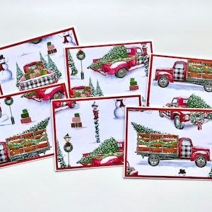 Cartes de Noël faites à la main avec camion rouge, bonhomme de neige et arbres de Noël