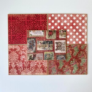 May include: A collage of six patterned paper squares in shades of red and white. The papers feature a variety of designs, including polka dots, damask, and a Christmas-themed pattern with holly and stockings. The papers are arranged in a grid pattern, with the polka dot paper in the top right corner.