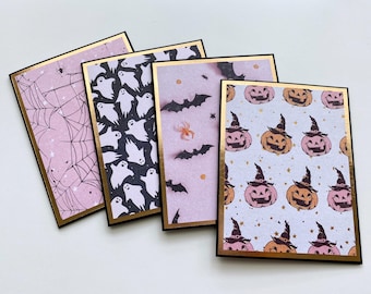 Pink Halloween Cards: Rose Gold Foil, Handmade Set of 4