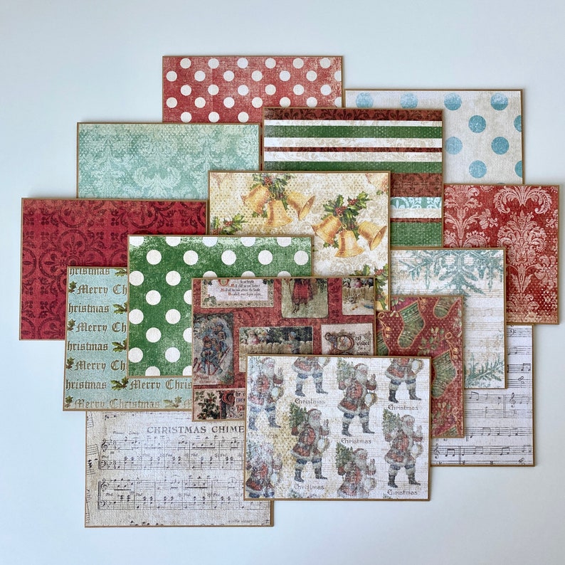 May include: A collection of 12 vintage Christmas themed paper cards with various designs, including polka dots, stripes, musical notes, and a Santa Claus pattern. The cards are in shades of red, green, blue, and white.