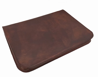 Leather document folder and notepad with zip closure