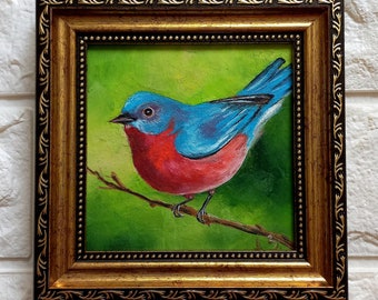 Blue Bird Painting Original Small bird framed Art Gold Frame Painting Eastern Bluebird Art Tiny Bird Painting Colorful Mini Bird Artwork