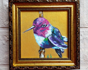 Hummingbird Oil Painting Original Bird 4x4 Painting Gold Frame Small Artwork Pink Hummingbird Art