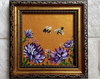 Bee Painting Bumblebee on Flower Painting Gold Framed Painting Miniature Original Art Honeybee Small Wall Art Honey bee gifts