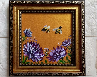 Bee Painting Bumblebee Framed Miniature Original Honeybee Small Wall Art Honey bee gifts