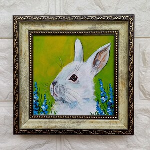 White rabbit painting original oil picture framed Small art Cute rabbit portrait Bunny painting Rabbit lover gift