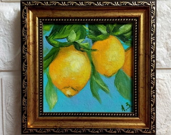 Lemon Painting Fruit Original Art Citrus Artwork Lemon branches oil painting Framed Kitchen Art Ukrainian artist
