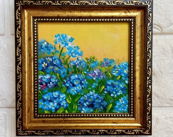 Forget me nots Original Painting Blue Flowers Small Gold Framed Original Art Painting Bouquet Artwork Ukrainian artist