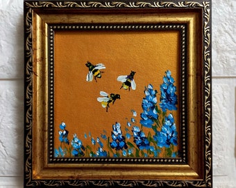 Bee Painting Bumblebee on Flower Painting Gold Framed Miniature Original Art Honeybee Small Wall Art Honey bee gifts