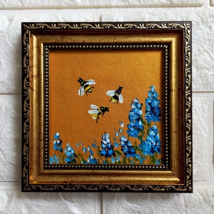 Bee Painting Bumblebee on Flower Painting Gold Framed Miniature Original Art Honeybee Small Wall Art Honey bee gifts