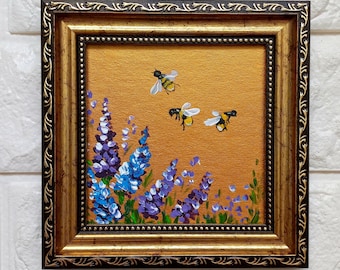 Bee Painting Bumblebee on Flowers Painting Gold Framed Miniature Original Art Honeybee Small Wall Art Honey bee gifts