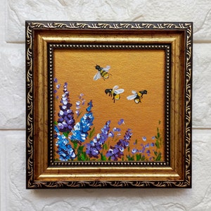 Bee Painting Bumblebee on Flowers Painting Gold Framed Miniature Original Art Honeybee Small Wall Art Honey bee gifts