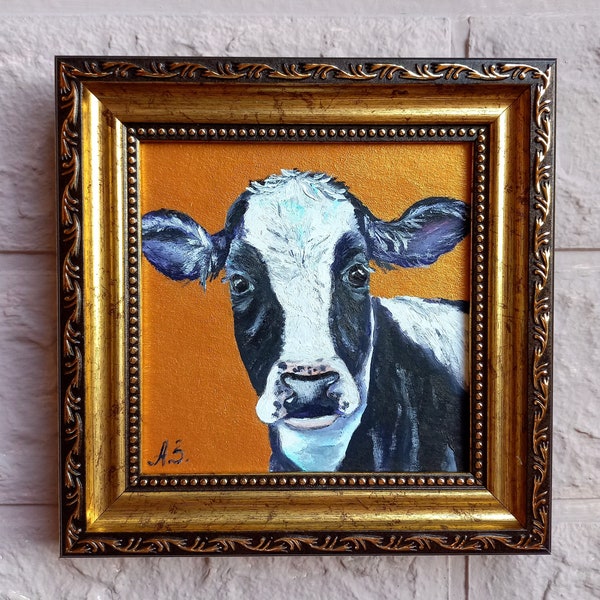 Cow Painting Original Farm Animals Small Oil Painting Golden Framed Painting Animal Art Cow Wall Art Black White Cow Artwork