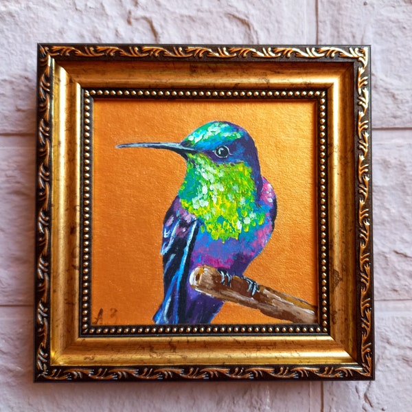 Original Hummingbird Painting Bird Oil Painting Gold Frame Small Artwork Blue Green Hummingbird Art