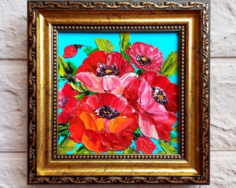 Poppy Painting Original Flowers Miniature Art Gold Framed Artwork Small Oil Painting Red Poppy Wall Art Ukrainian artist