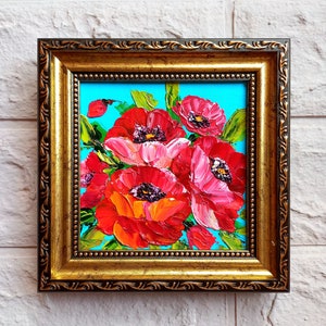 Poppy Painting Original Flowers Miniature Art Gold Framed Artwork Small Oil Painting Red Poppy Wall Art Ukrainian artist